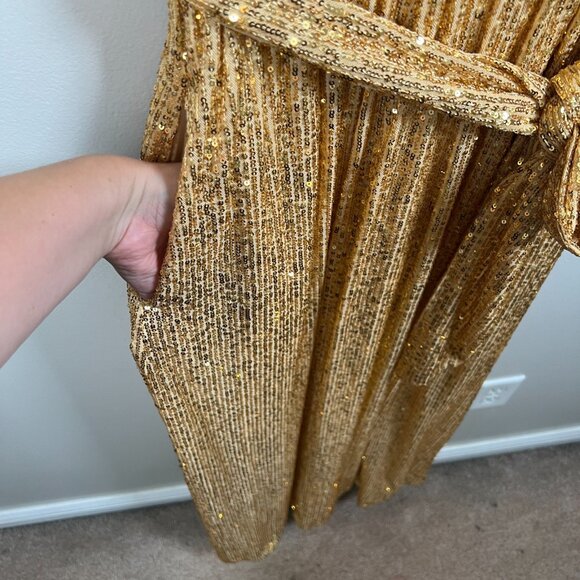 LDT Ivy Goddess Gold Sequin Maxi Dress Size 2 Tie Waist Formal Wedding Event - Picture 8 of 11